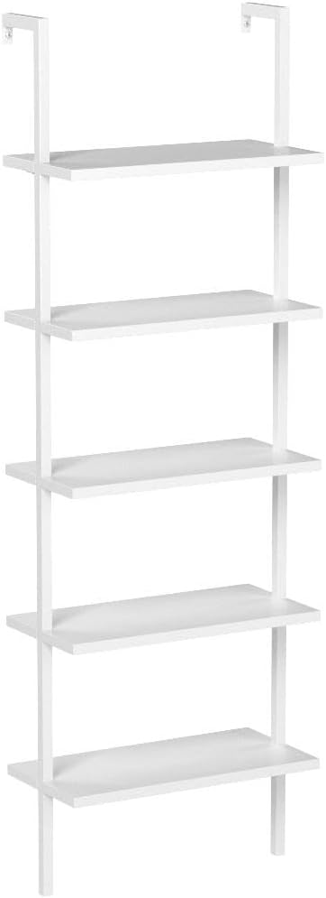 Nathan James 65506 Theo 5-Shelf White Modern Bookcase, Open Wall Mount Ladder Bookshelf with Industrial White Metal Frame, White