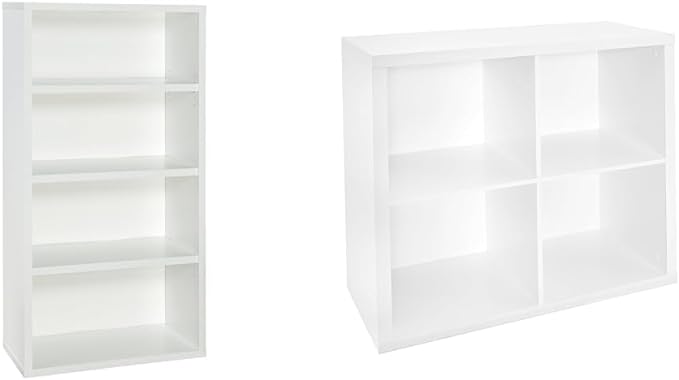 ClosetMaid Bookshelf with 4 Shelf Tiers, Adjustable Shelves, Tall Bookcase Sturdy Wood & 4 Cube Storage Shelf Organizer Bookshelf with Back Panel, Easy Assembly, Wood, White Finish
