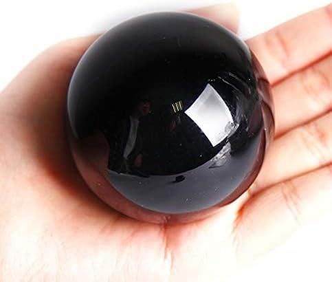 JIC Gem Small Black Obsidian Sphere Ball with Wooden Stand for Fengshui Healing Crystal Decoation Meditation Ball (2.2", 55mm)