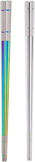 Reusable Stainless Steel Chopsticks,Dishwasher Safe , Easy to Use（2 PCS,silver&Rainbow）