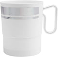 Party Essentials 8-Ounce Hard Plastic Coffee Cup/Tea Mug with Handle, 20-Count, White W/Silver Rim