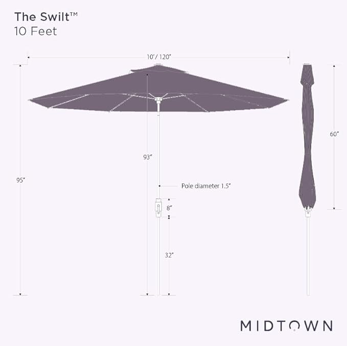 Midtown Umbrellas The Swilt 10 Feet Patio Umbrella in Sunbrella Macaw Acrylic Fabric - Fiberglass Ribs, Auto-Tilt Aluminum Frame For Backyard, Deck, Garden, Pool - White Pole