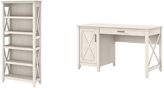 Bush Furniture Key West Bookcase Shelf in Linen White Oak | Farmhouse Bookshelf & Key West Computer Desk with Storage | Small for Home Office | Modern Farmhouse, 54W