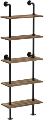HOMBAZAAR Industrial Bookshelf, 5-Tier Industrial Pipe Bookshelf, Wall Mounted Ladder Shelves with Metal Frame for Home Office, Living Room, Oak Brown