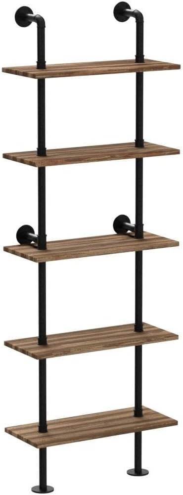 HOMBAZAAR Industrial Bookshelf, 5-Tier Industrial Pipe Bookshelf, Wall Mounted Ladder Shelves with Metal Frame for Home Office, Living Room, Oak Brown