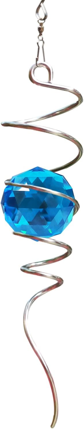Fonmy Gazing Ball Spiral Tail -Decorative Wind Spinner Sun Catcher Rainbow Maker 11 inch Tail and 2 inch Peacock Blue Crystal Orb. Indoor Outdoor Garden Decoration -13 inch Height