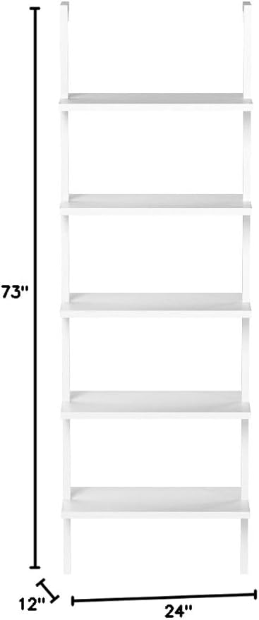 Nathan James 65506 Theo 5-Shelf White Modern Bookcase, Open Wall Mount Ladder Bookshelf with Industrial White Metal Frame, White