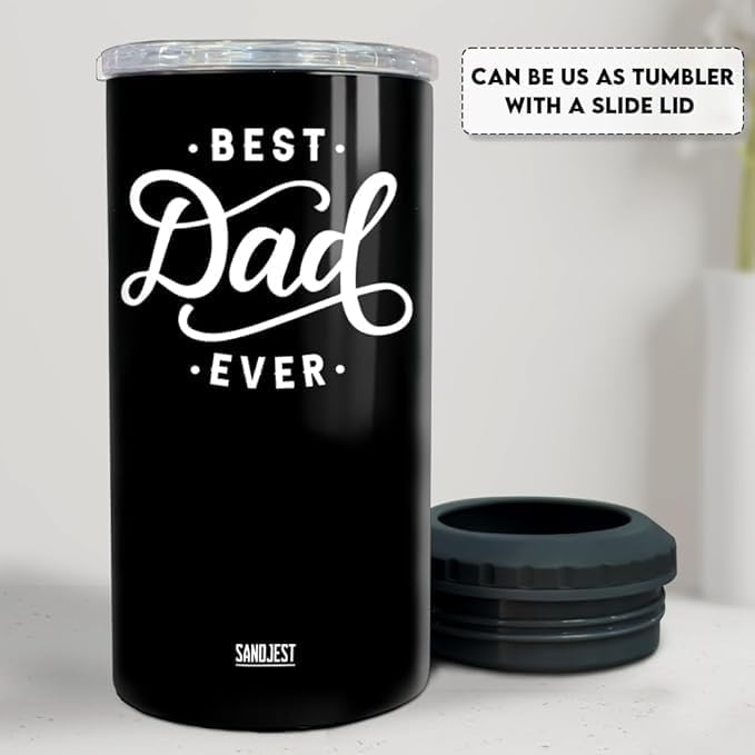 SANDJEST 4-in-1 Best Dad Ever Tumbler Gifts for Dad from Daughter Son - 12oz Dad Can Cooler Tumblers Travel Mug Cup - Stainless Steel Insulated Cans Coozie Christmas, Birthday, Father's Day Gift