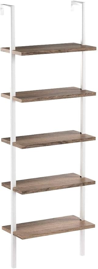 Nathan James Theo 5-Shelf Wood Modern Bookcase, Open Wall Mount Ladder Bookshelf with Industrial Metal Frame, Light Brown Oak/White