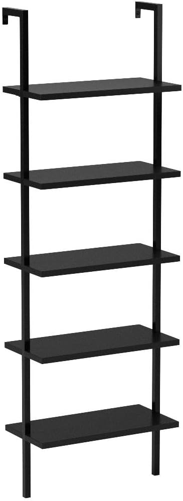 Nathan James Theo 5-Shelf Black Modern Bookcase, Open Wall Mount Ladder Bookshelf with Industrial Metal Frame