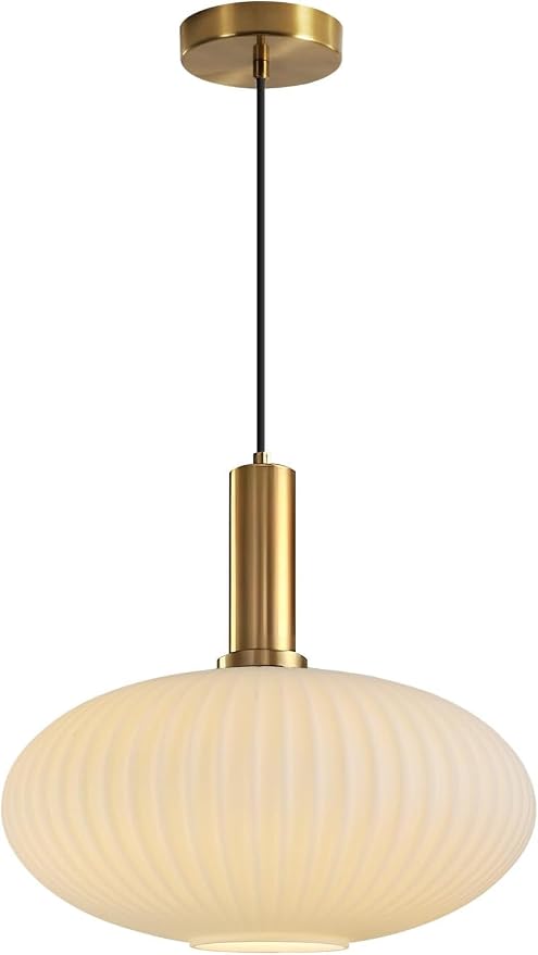 KCO Mid Century Modern Gold 12” Large White Milk Ribbed Glass Pendant Light | E26 Base, Adjustable Height, Lantern Shade Vintage Brass Hanging Light for Sloped Ceiling Kitchen Island Sink Dining Room Bar