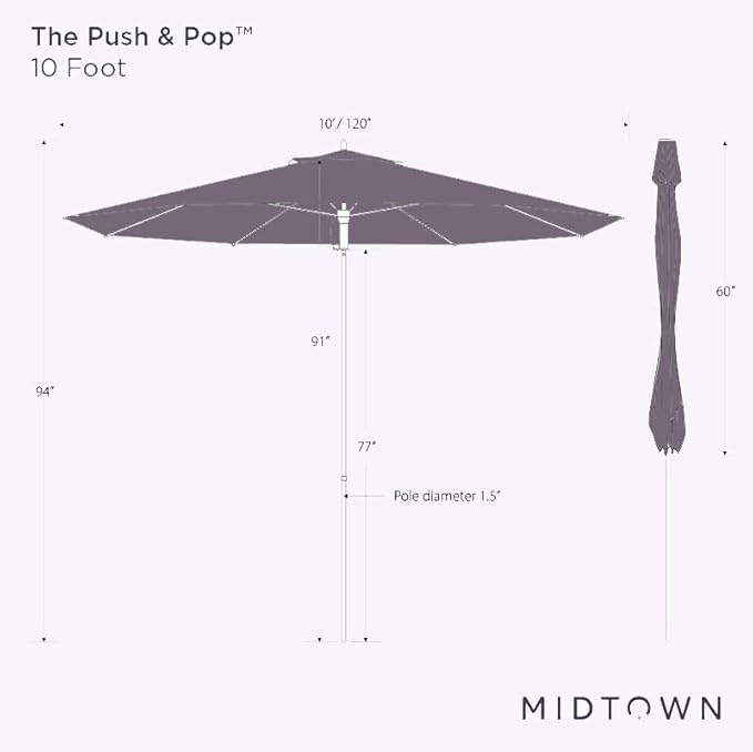 Midtown Umbrellas Push and Pop 10 Feet Outdoor Umbrella, Navy Blue Polyester Fabric - Fiberglass Ribs Deck Patio Umbrella, Backyard Umbrella, Garden Umbrella & Pool Umbrella - Black Pole