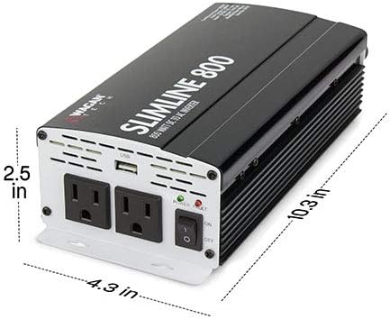 Wagan EL3718 800W Slim Line AC to DC Power Inverter 800W TrueRated Continuous 1600W Surge Power DC 12V to AC 110V Power Inverter with 2 AC Outlets and 2A USB Charging Port