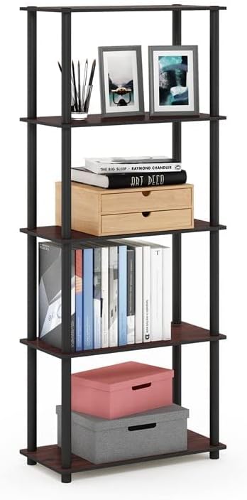 Furinno Turn-N-Tube 5-Tier Multipurpose Shelf / Display Rack / Storage Shelf / Bookshelf, Round Tubes, Dark Cherry/Black
