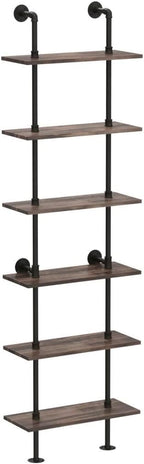 HOMBAZAAR Industrial Bookshelf, 6-Tier Industrial Pipe Bookshelf, Wall Mounted Ladder Shelves with Metal Frame for Home Office, Living Room, Oak Brown