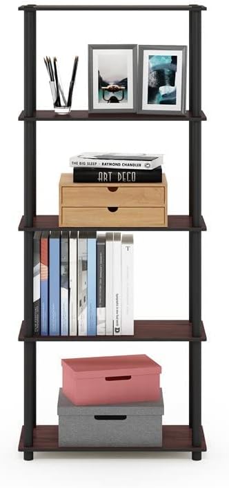 Furinno Turn-N-Tube 5-Tier Multipurpose Shelf / Display Rack / Storage Shelf / Bookshelf, Round Tubes, Dark Cherry/Black