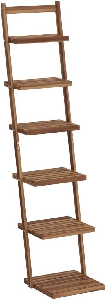 HYNAWIN 6 tier bookshelf ladder shelf-Large Bamboo Storage Shelves Wall Leaning Shelf for Garage, Kitchen, Office,Corner Display Bookcase