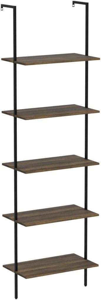 5 Tiers Ladder Shelf 2-Piece Black Modern Tall Bookshelf Open Large Tall Wall Mount Storage Bookcase Standing Leaning Wall Shelves Industrial Decorative