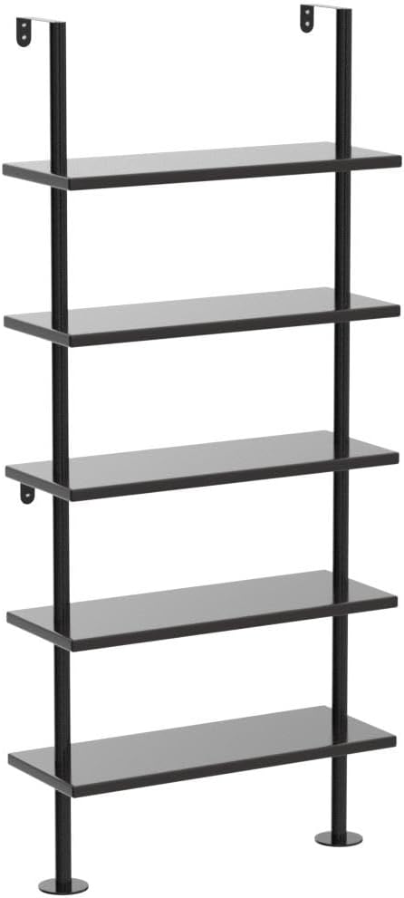 Ladder Shelf Bookcase 5 Tier, Extra Sturdy Modern Bookshelf Wall Mounted, Tall Black Open Book Shelf, Standing Industrial Metal Frame with Wooden Shelves