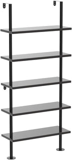 Ladder Shelf Bookcase 5 Tier, Extra Sturdy Modern Bookshelf Wall Mounted, Tall Black Open Book Shelf, Standing Industrial Metal Frame with Wooden Shelves