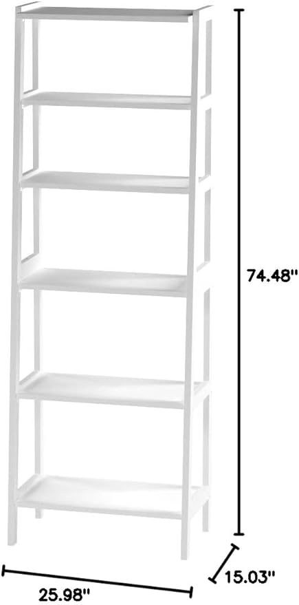 Amazon Basics Rubberwood 5 Shelf Ladder Bookcase, White, 15.03" D x 25.98" W x 74.48" H
