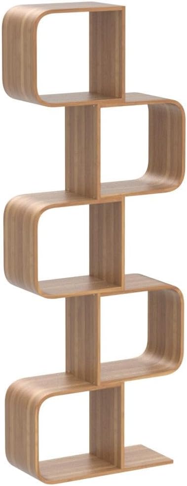 5-Tier S-Shaped Geometric Modern Bamboo Bookshelf, Large Capacity Creative Display Curved Rack Free-standing Bedside Table 2 in 1 Bookcase Storage CDs, DVDs Book Shelf for Home, Office, Living Room