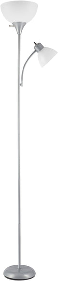 GLOBE Electric 67134 72" Torchiere Floor Lamp and Adjustable Reading Light, Silver, Frosted Shade, Dual Rotary Switch, 3-Step Dimming, Modern Lighting for Living Room or Office, Timeless