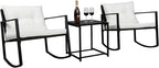 Outvita 3-Piece Rocking Bistro Set, Outdoor Wicker Patio Furniture Set with Glass Coffee Table Perfect for Outdoor Porch, Balcony and Garden (White)