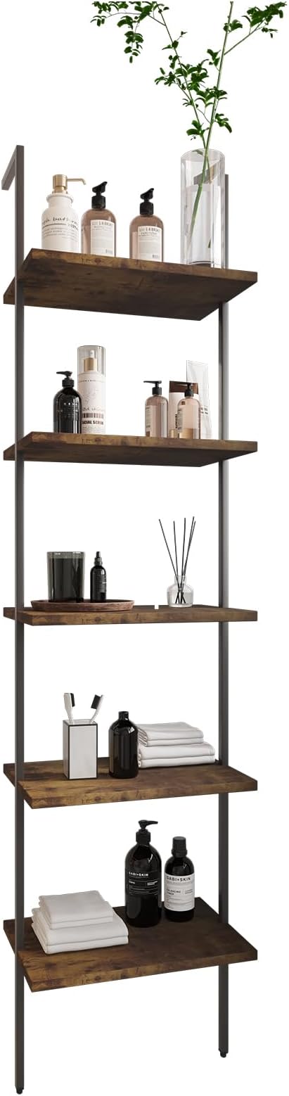 Ladder Shelf 5 Tiers Metal Industrial Bookshelf,Rustic Brown Wood Tall Open Storage Rack and Display Shelves,Wall Mount Wide Book Case for Home Office Bedroom,Small
