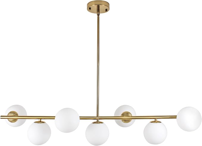 Modern Linear Gold Chandelier for Dining Room, 7-Light Adjustable Dimmable Ceiling Light with Glass Globes, Kitchen Island Pendant Lighting Mid Century Light Fixture for Living Room Bedroom Foyer