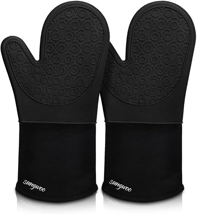 sungwoo Silicone Oven Mitts, Heat Resistant Oven Gloves with Quilted Liner Non-Slip Textured Grip Perfect for BBQ, Baking, Cooking and Grilling - 1 Pair 13.8 Inch Black
