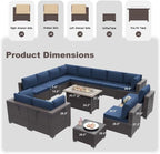 15 PCS Patio Furniture Set with Fire Pit Table Outdoor Sectional Furniture Outdoor Rattan Patio Sofa Conversation Sets with 43in 55,000 BTU Propane Gas Fire Pit Table, Navy Blue