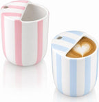 2 Pcs Ceramic Mug with Sip Hole 10 oz Novelty Pink Light Blue Striped Coffee Mug Hand Painted Ceramic Cup Heat Resistant Non Slip Built in One Lid Handcraft Mugs for Coffee Lovers Gift