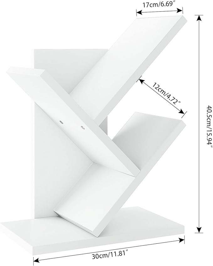YMYNY 2 Tier Tree Bookshelf, Small Bookcase, Modern Wood Book Storage Rack Organizer, Freestanding Book shelf for Books/Movies/CDs, Display Rack for Bedroom, Home Office, White UHBC012W