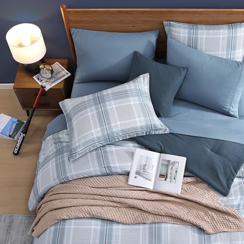 Blue Comforters Queen Size, Plaid Queen Bedding Sets for Boys & Girls,Classic Homestead-Style Bed in A Bag Queen with Sheets and Comforter Set (Light Blue,Queen,90"*90")