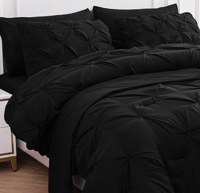 LANE LINEN Bedding Comforter Set for Split King Mattress, Soft 8 Piece Split King Bed in a Bag with 1 King Comforter, 1 King Size Flat Sheet, 2 Twin XL Fitted Sheets, 2 Pillowcases & 2 Shams - Black