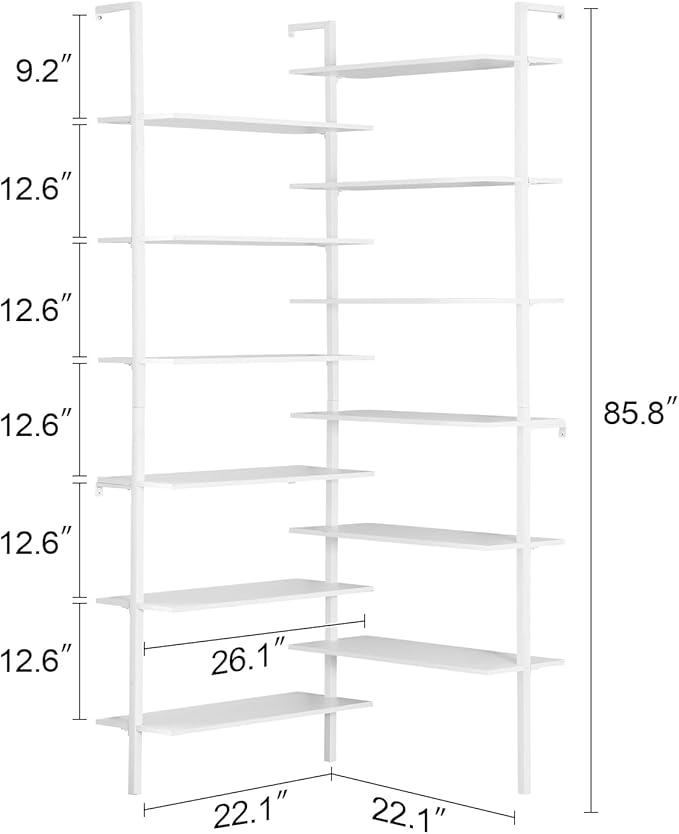 HOMISSUE Corner Bookshelf,12-Tier L Shaped Bookshelf, Double Wide Corner Wall Mount Bookcase with Metal Frame and Wood,Modern Industrial Corner Shelf for Living Room, Kitchen, Home Office White