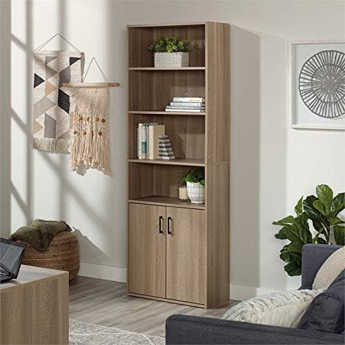 Sauder Beginnings Bookcase with Doors, L: 24.65" x W: 11.65" x H: 71.14", Summer Oak Finish & Beginnings Desk, L: 40.39" x W: 17.48" x H: 28.82", Summer Oak Finish