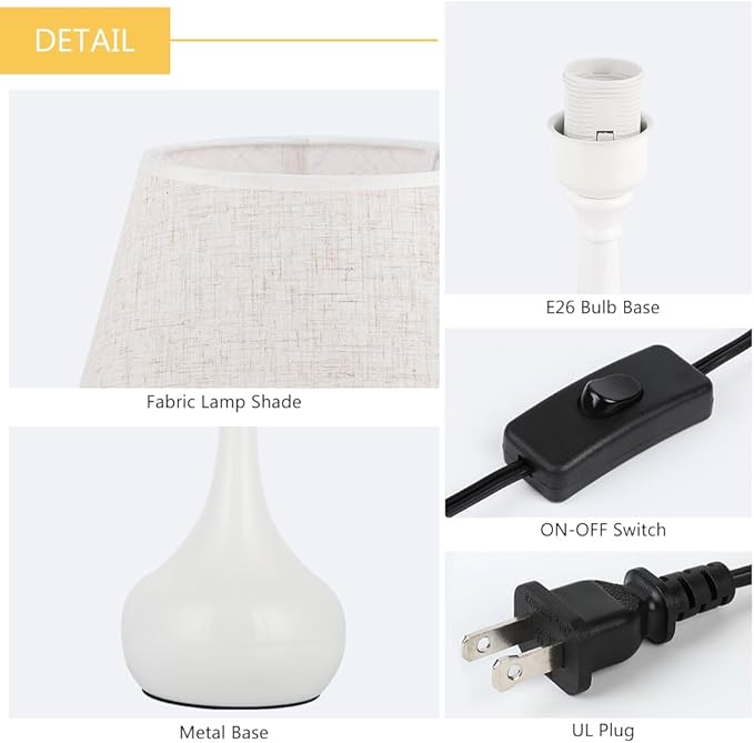 SEHERTIWY Table Lamp Set of 2, Small Bedside Lamps for Bedroom, Modern Lamp with White Fabric Shade,Nightstand Desk Lamp for Living Room Rustic Office Dorm