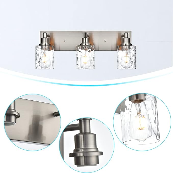 BONLICHT Bathroom Vanity Light Fixtures 3 Lights Modern Wall Sconce Brushed Nickel with Metal Base and Hammered Glass Shade, Industrial Farmhouse Bath Wall Lights for Hallway Kitchen Bedroom