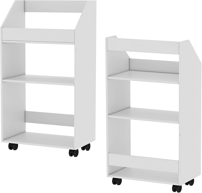 3-Tier Mobile Bookshelf, White Bookcase with Wheels, Rolling File Holder Desk File Book Organizer for Home Office Living Room School