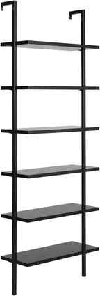 Nathan James Theo 6-Shelf Tall Bookcase, Wall Mount Bookshelf Wood Shelves and Metal Frame, Matte Black
