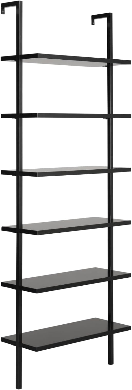 Nathan James Theo 6-Shelf Tall Bookcase, Wall Mount Bookshelf Wood Shelves and Metal Frame, Matte Black