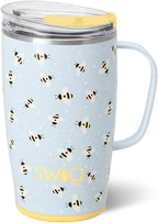 Swig Life 18oz Insulated Travel Mug with Handle & Lid, Busy Bee | Triple Insulated Stainless Steel - Handle & Lid Included - Keeps Coffee Hot or Cold - Cup Holder Friendly
