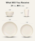 Quatish 24 Piece Plates and Bowls Sets for 6, Unbreakable Dinnerware Sets, Dish Set for Camping, Dishwasher Microwave Safe, Outdoor Kitchen and Apartment Dorm Dinning RV Essentials, Beige