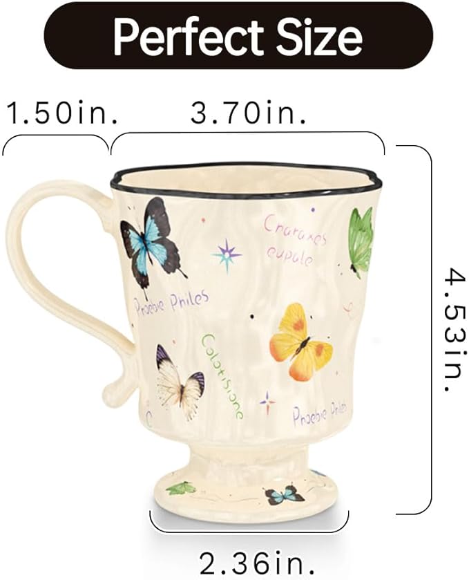 360ml -12.17oz Painted Butterfly Ceramic Mug - Cute Coffee Cup for Latte, Espresso - Gift for Women, Dishwasher Safe