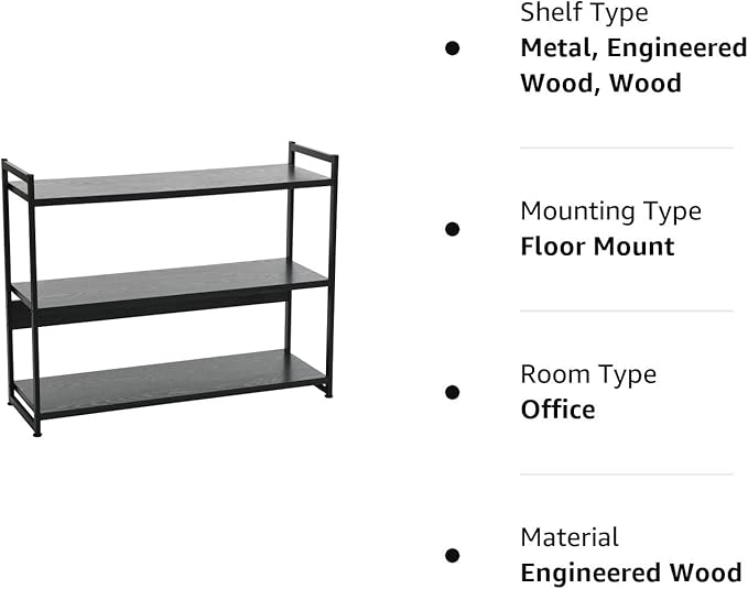 Household Essentials 3 Tier Wide Book Shelf, Medium, Black Oak Finish