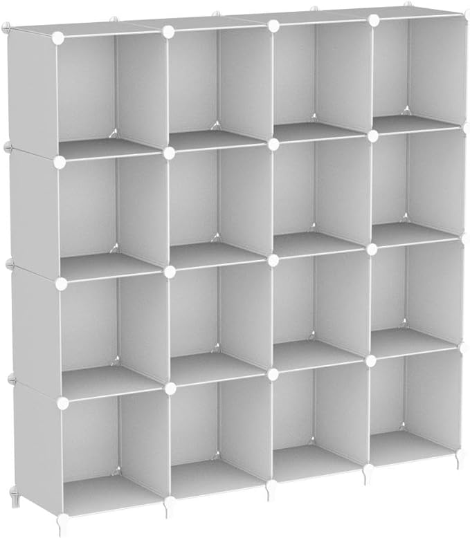 FUNLAX Cube Storage Shelf, 16 Storage Cubes Closet Organizers and Storage Portable Cube Storage Organizer Plastic Bookshelf Bookcase for Study Room, Bedroom, Office, White