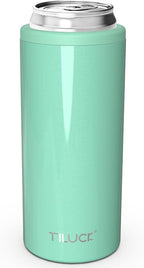 TILUCK Skinny Can Cooler, Stainless Steel Insulated Slim Cans, 12 oz | Beer & Hard Seltzer, Doucle-Walled Stainless Steel Insulated Slim Cans, Slim 12 oz (Glitter Aqua)