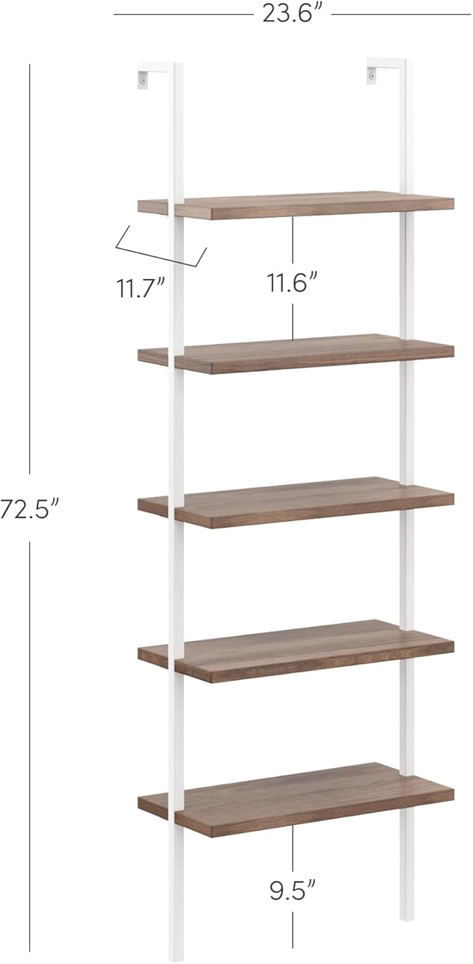 Nathan James Theo 5-Shelf Wood Modern Bookcase, Open Wall Mount Ladder Bookshelf with Industrial Metal Frame, Light Brown Oak/White